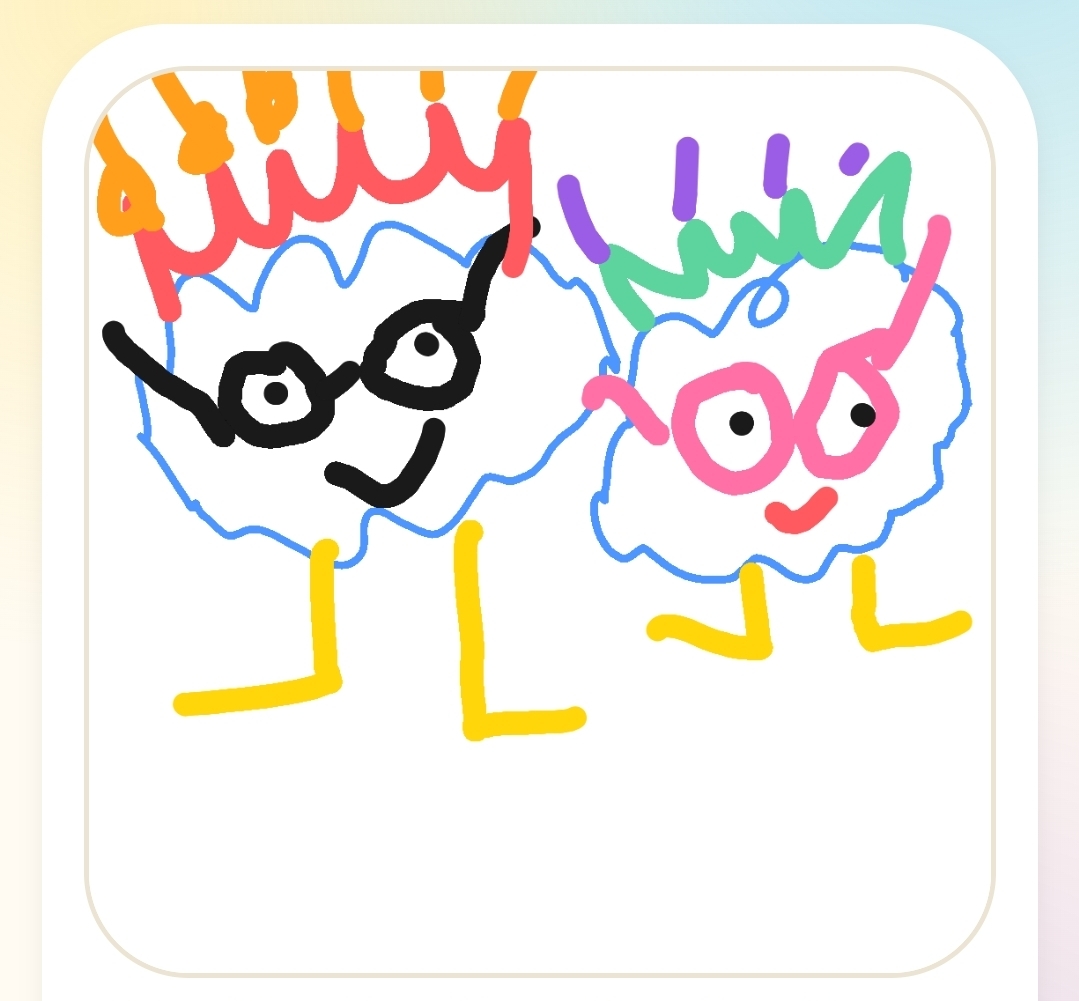 A child's crayon drawing of two cloud-shaped Sketchlings with glasses